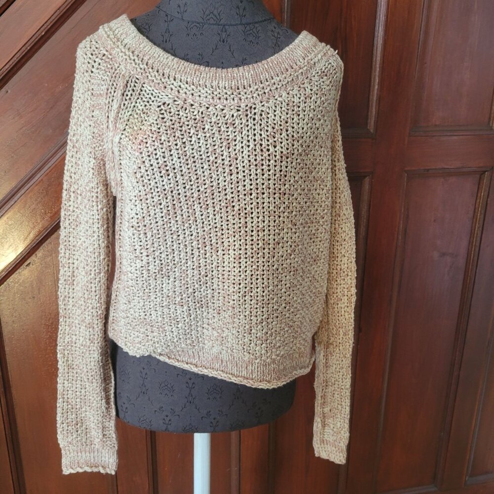 Free People XS Open-Knit Cropped Sweater Pink & Cream Cotton Blend Long Sleeve